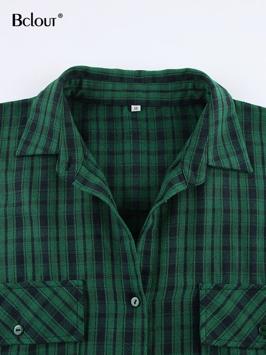 Bclout Casual Green Plaids Loose Blouses For Women 2022 Winter Vintage Long Sleeve Party Shirts Flannel Elegant Office Lady Tops