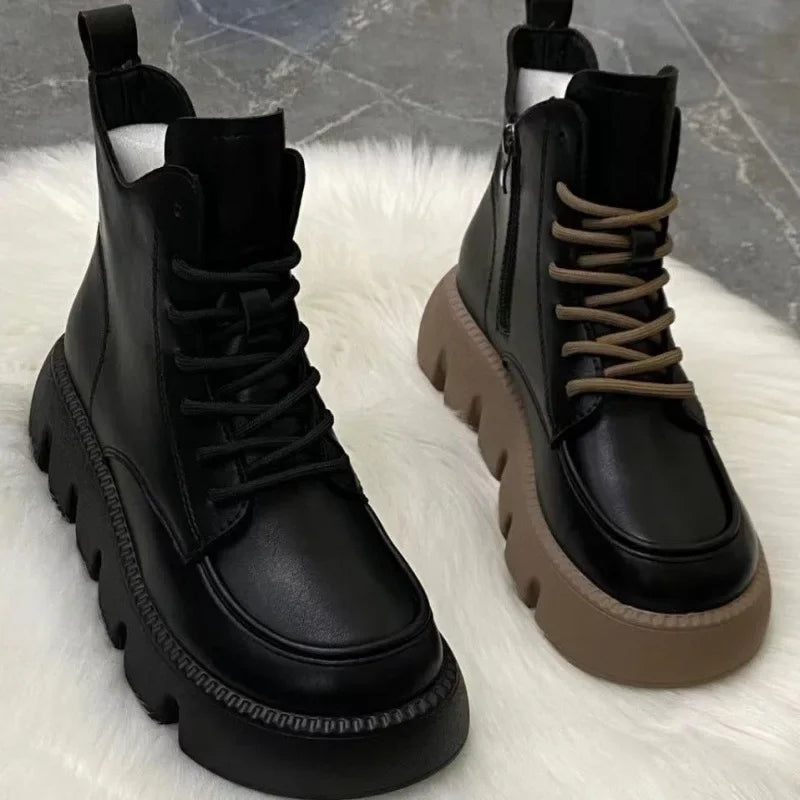 Platform Short Shoes for Women with Laces Footwear Punk Booties Black Combat Lace-up Female Ankle Boots Round Toe Leather Boot