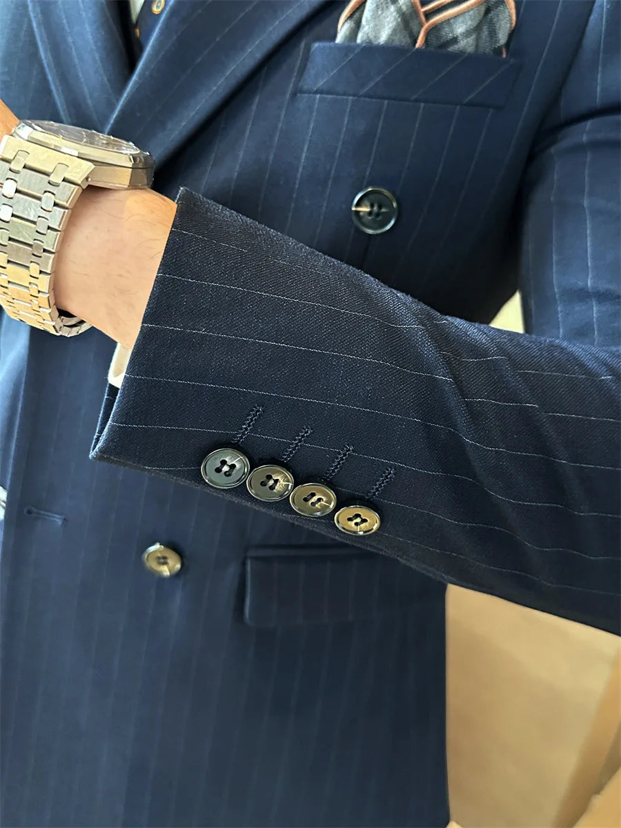 Groom Wedding Male Suit Luxury Brand Fashion Striped Men's Casual Business Office Double Breasted Suit 3 Pieces( Blazer+Pants )