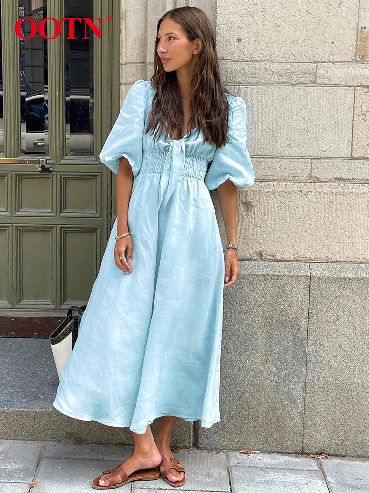 OOTN Sexy High Waist A Line Dresses Spring Elegant Blue Pleated Short Sleeve Dress Women Vintage Cotton Linen Summer Dress 2024