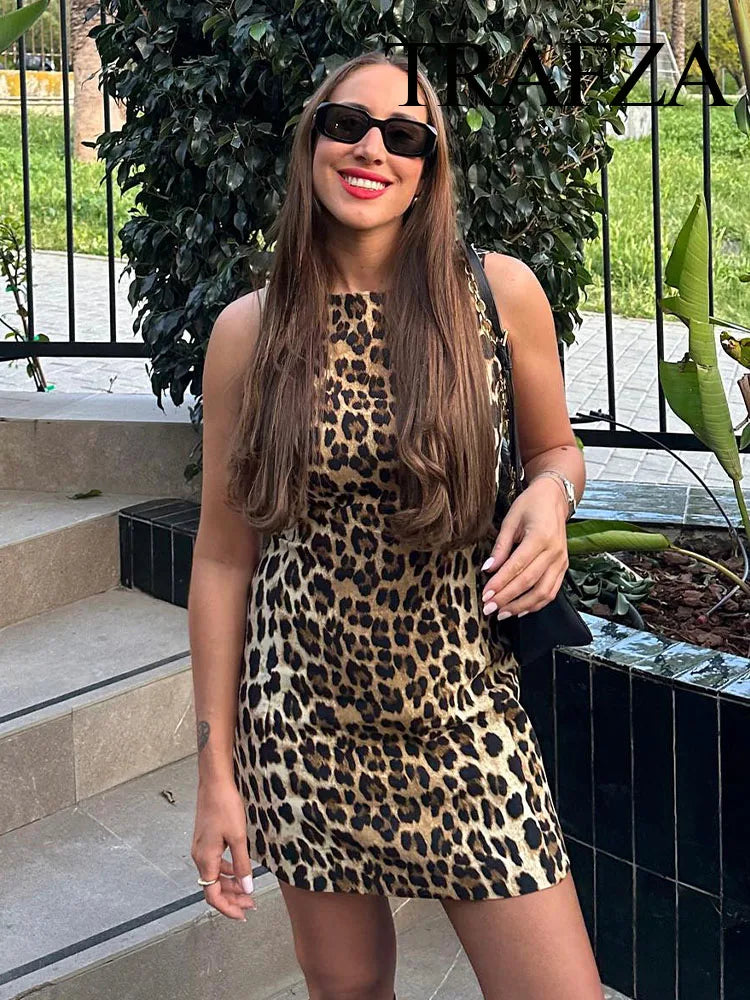 Trafza Sommer Chic Leopard Print sexy Frauen Mini Kleid Retro Runde Neck ärmelloses Reißverschluss Frauenparty Kleid Y2K