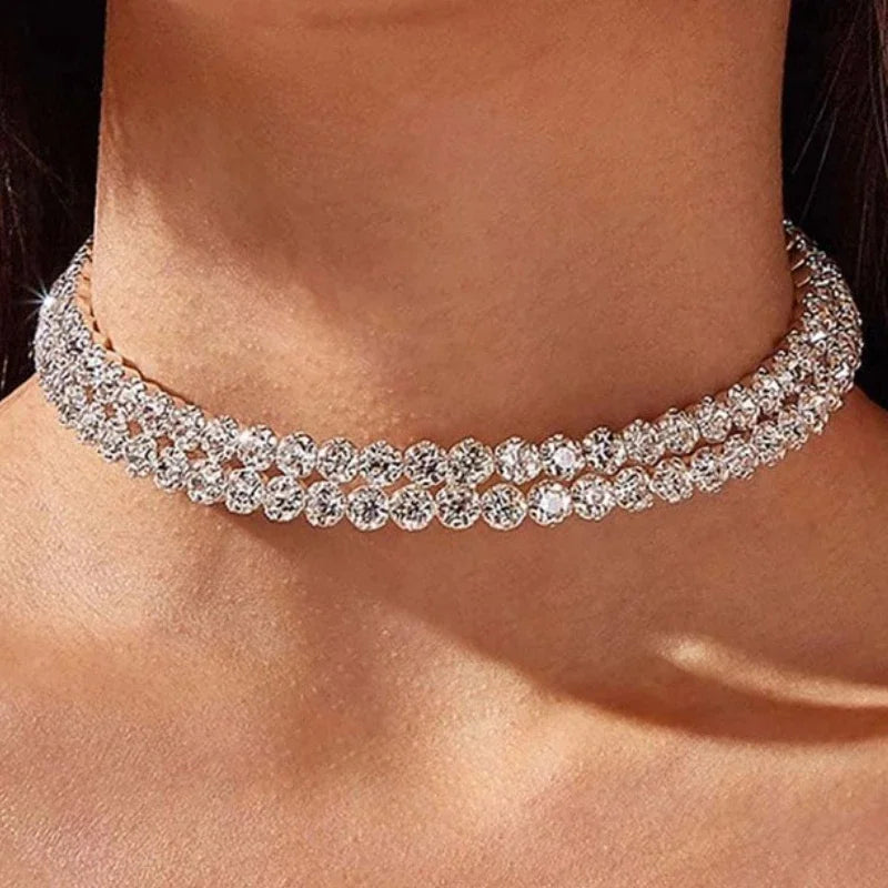 New Fashion Double-layer Rhinestone Choker Necklace Round Flower Crystal Ins Trendy Neck Jewelry Statement Bridal Wedding Collar