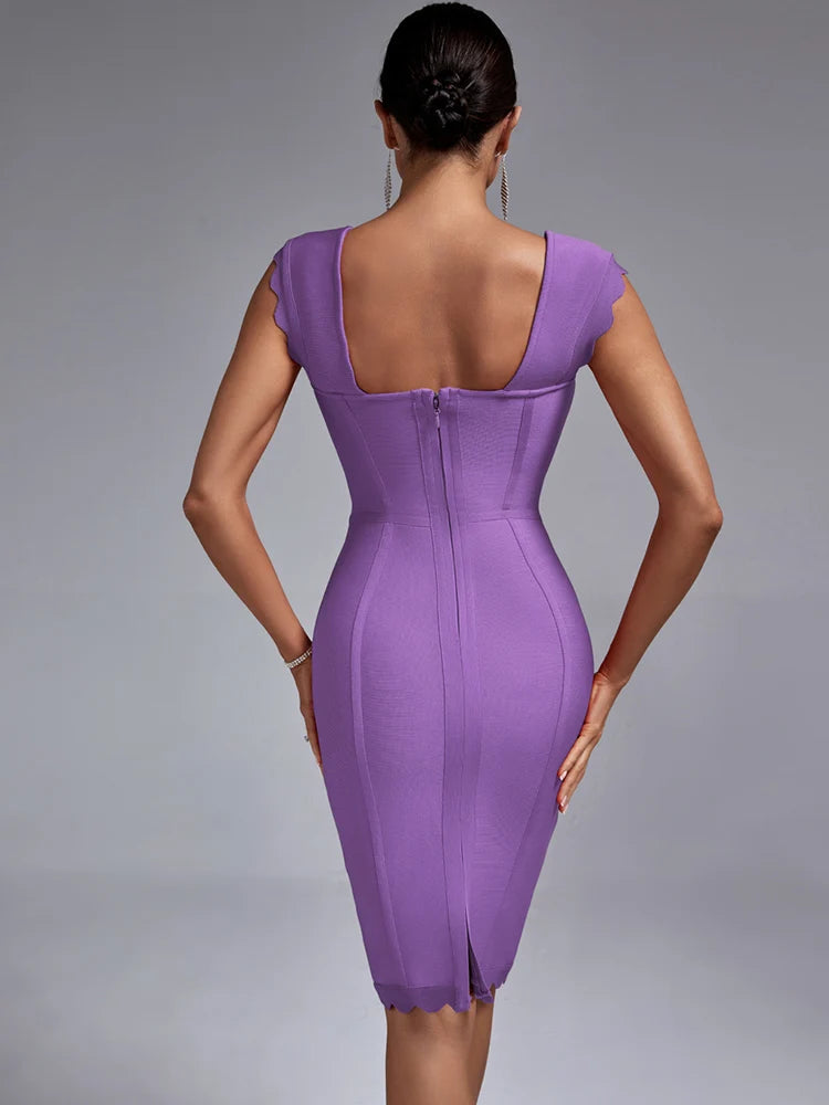 Lilac Purple Bandage Dress Women Party Dress Bodycon Elegant Scalloped Sexy Birthday Evening Outfits Summer 2023 New Arrival