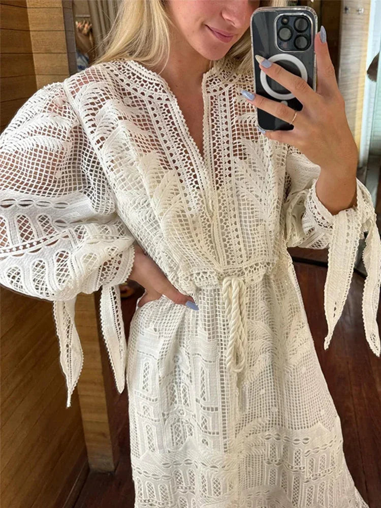 Casual Knit Hollow Out Patchwork Maxi Dress For Women O-neck High Waist Drawstring Lantern Sleeve Dresses Summer Beach Lady Robe