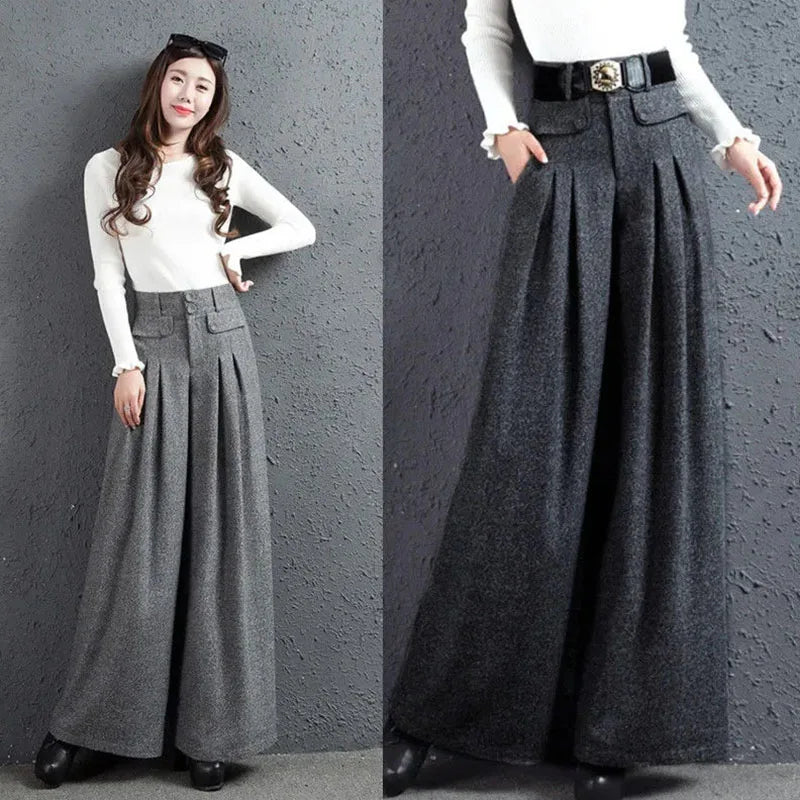 Autumn Winter Woolen Blend Culotte Elegant High Waist Belt Wide Leg Pants Women Baggy Korean Fashion Pantalones Oversize Trouser