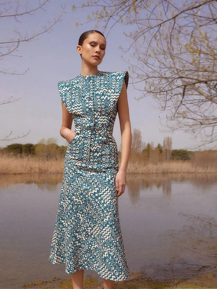 Vestido estampado de manga voladora vintage para mujeres elegantes o cuello soltero túnicas de bolsillo de pecho