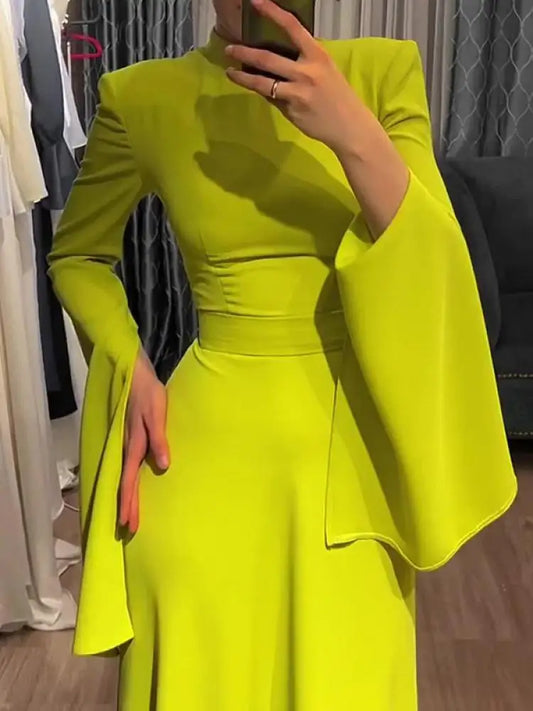 Onecozyday 2024 New Women Elegant Evening Dresses Ruffled Sleeve Turtleneck High Waisted Slim Fit Pleated Floor Length Dress