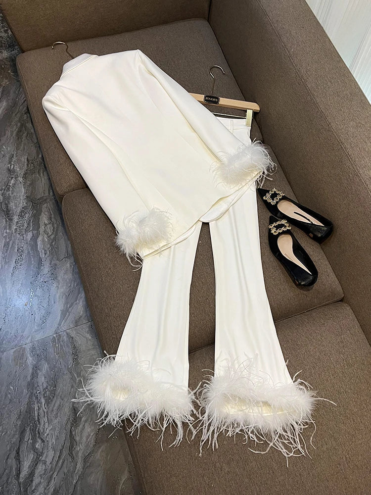 Feather Sleeve Pant Sets Blazer Pantsuits Two Pieces Set 2024 Spring Satin Collar Jacket Straight Pants Suits Outfits Women