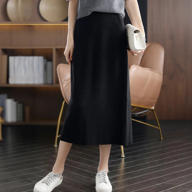 Women's Cashmere Long Knitted Skirts High Waisted Wool Midi Skirt Black Dark Brown Grey Pink Female Bottoms Winter Fashion Y2k