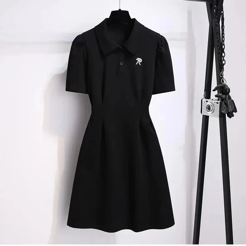 Women Preppy Style Clothing French Sporty Pink Polo T-shirt Dresses 2024 Summer New Lady Casual Embroidery Letter Solid Dress