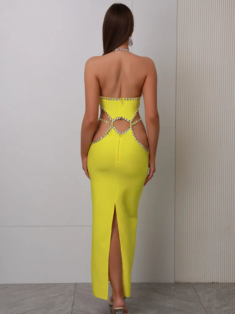 Women Celebrity Sexy Backless Halter Beading Maxi Long Lemon Yellow Bandage Dress 2023 Elegant Evening Club Party Dress