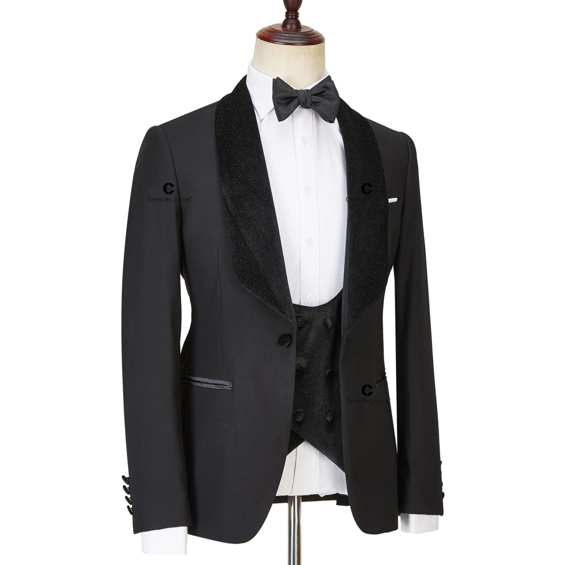 Cenne Des Graoom New Men Suits Black Velvet Lapel Prom Tuxedo 3 Pieces Set Single Breasted For Wedding Banquet Dinner Party Male
