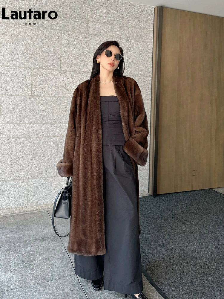 Lautaro Autumn Winter Long Luxury Elegant Chic Soft Thick Warm Brown Hairy Faux Mink Fur Coat Women V Neck Fluffy Overcoat 2024