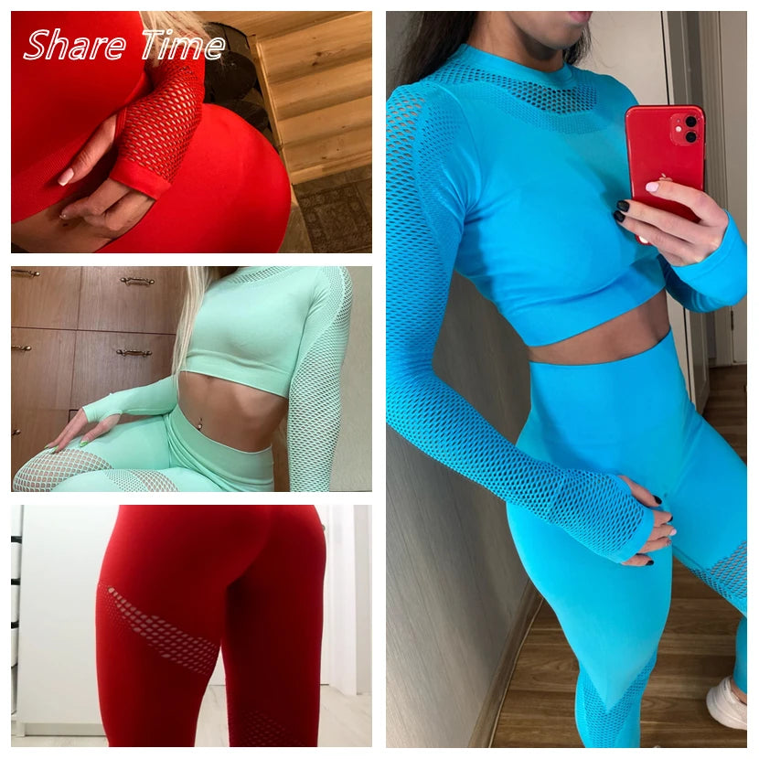 Seamless Yoga Set Sport Outfits Women 2pcs Two Piece Hollow Long Sleeve Crop top Leggings Workout Wear Gym Suit Fitness Sets