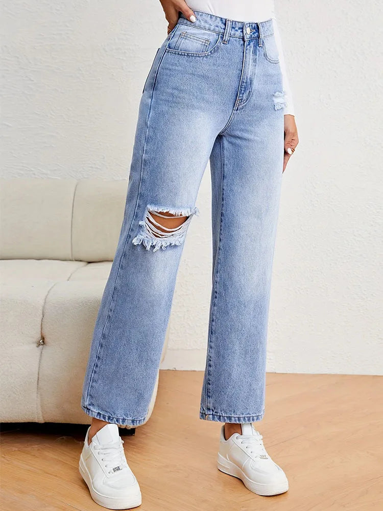 Denimcolab Women's Loose High Waist Jeans Cotton Denim With Holes Straight Leg Pants Ladies Casual Simple Solid Denim Trousers