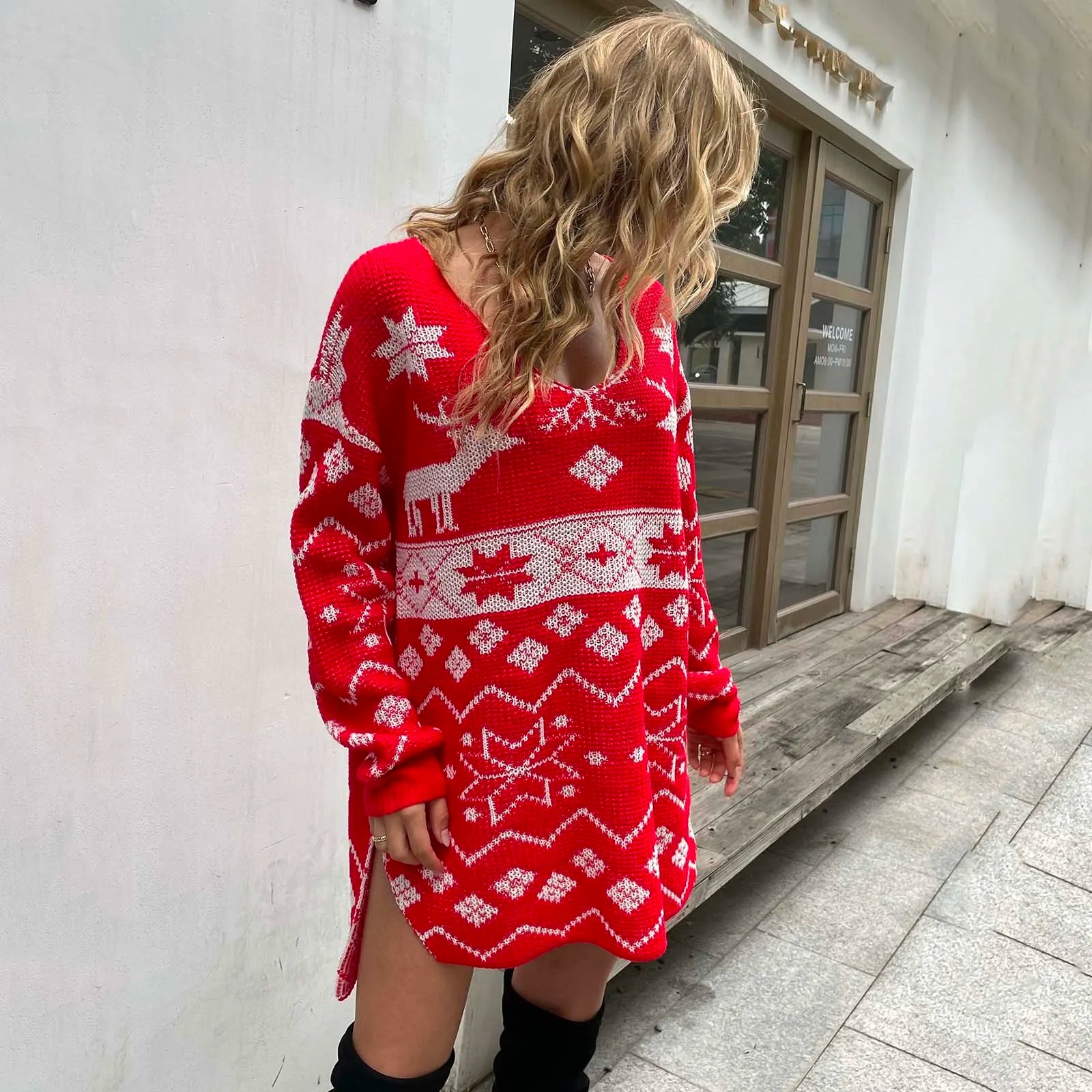 Women's Christmas Sweater Dress Long Sleeve Deep O Neck Knitted Oversized Sweater Lightweight Christmas Side Slit Sweater Dress