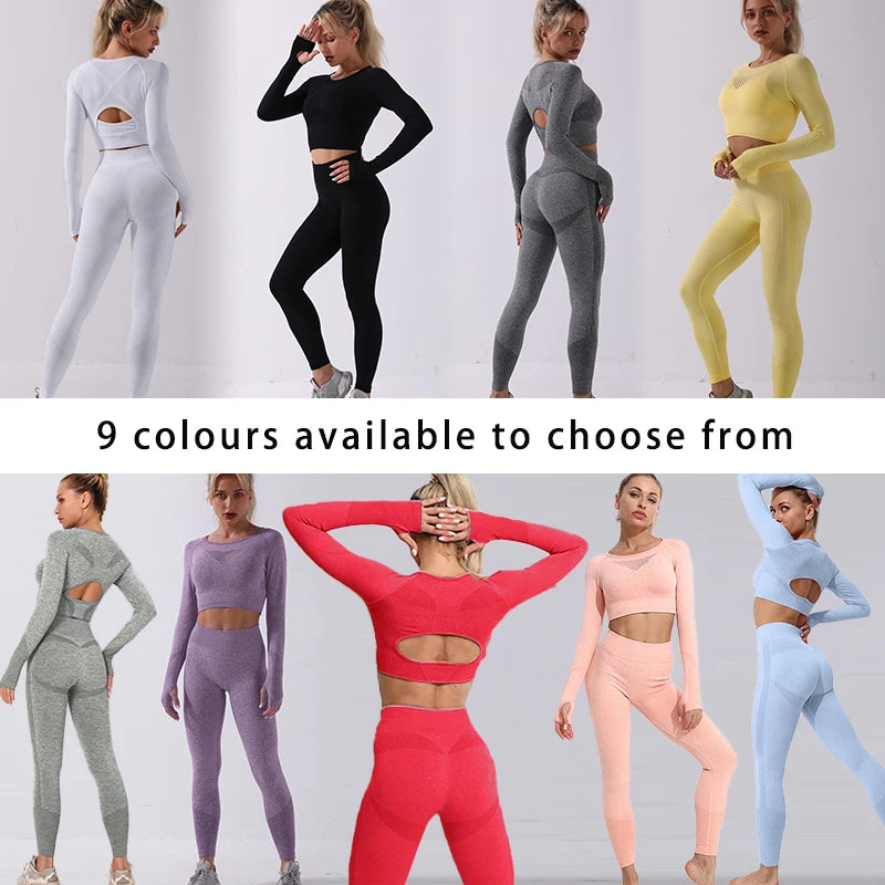 2pcs Suissie de sports sans couture costumes de yoga Set Workout Sportswear Gym Clothing Fitness Long Crop Top High Taies Leggings