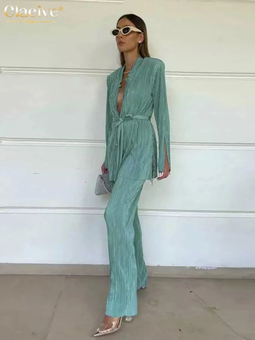 Clacive Autumn Green Pleated Pants Set Bodycon Slit Trosuer Suits Fashion Lace-Up Long Sleeve Blazer 2 Piece Sets Womens Outfits