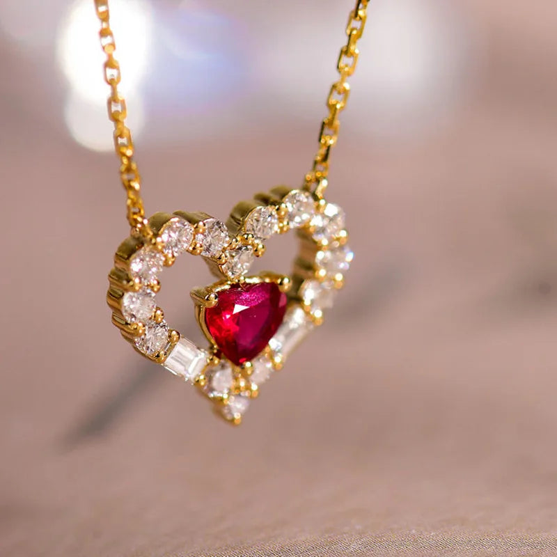 S925 Sterling Silver Double Heart Cupid Ruby Love Pendant Light Luxury Necklace