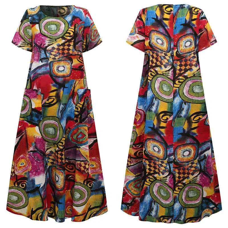 2024 New Short Sleeve Long Retro Print Dress Pocket Large Casual Dress