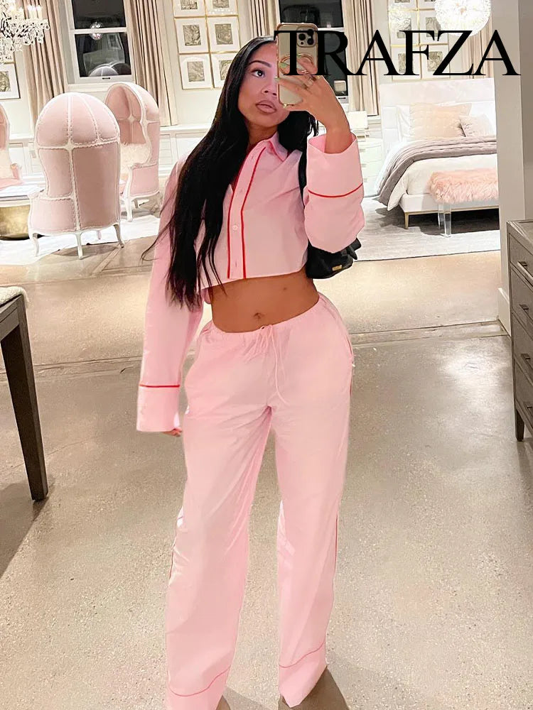 TRAFZA Woman New Fashion Suits Pink Turn-Down Collar Long Sleeves Single Breasted Short Shirts+Mid Waist Lace-Up Wide Leg Pants