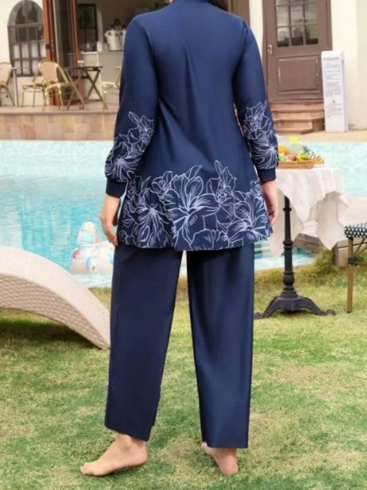 2pcs plus-sized Elegance Burkini Modest swimsuit Navy Blue with White Floral Printed long sleeved Dress Lady Swimwear beachweara