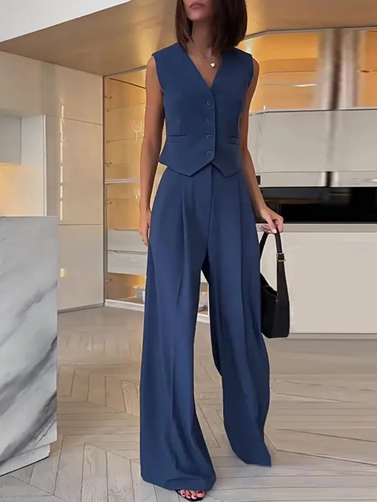 New Two Piece Wide Leg Pants Set Women's Spring New V-Neck Sleeveless Vest with Hanging Wide Leg Pants Casual Set