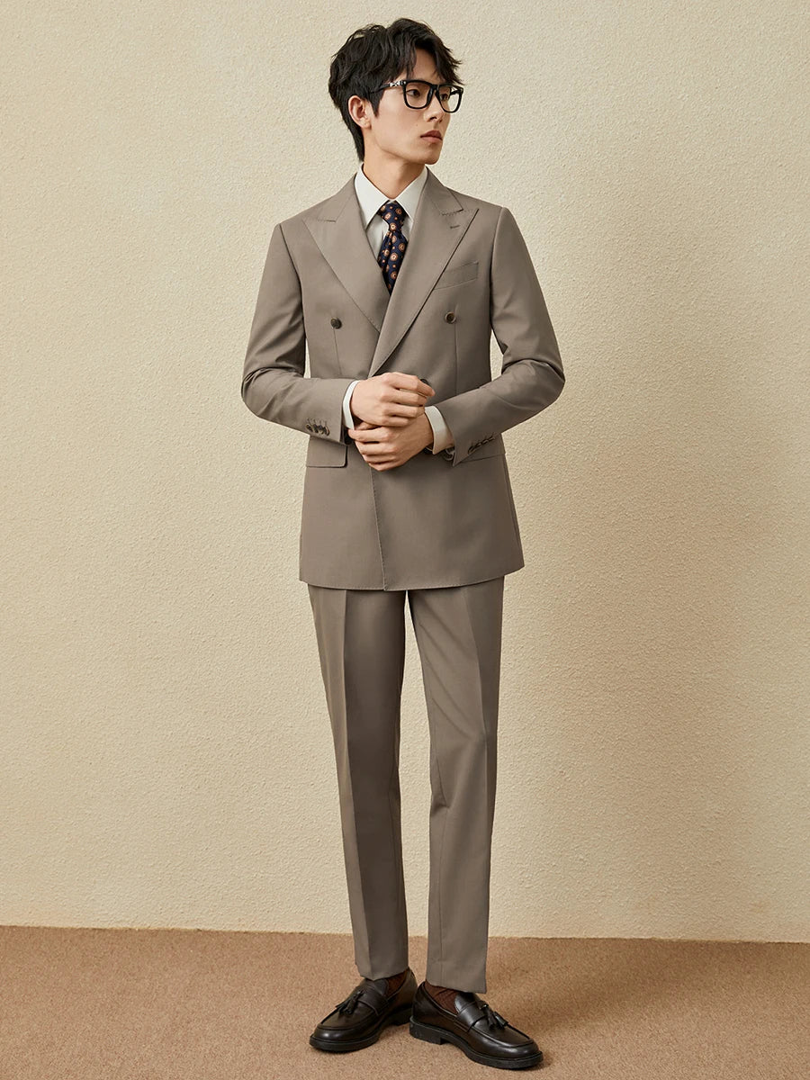 Men's 30% Wool Suit Set - Brown Double-Breasted Wedding Tuxedo for Groom, Premium Business Formal Blazer & Dress Pants