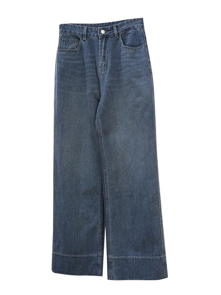 [LANMREM] jeans lavados vintage para calças de rua larga da cintura larga da cintura larga Fashion