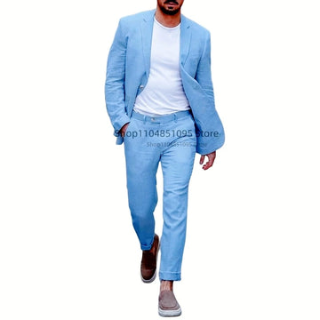 Elegant Blue/Beige Linen Men Suit Single Breasted Slim Fit Blazer with Pants High Quality Party Summer 2 Piece Men Clothes