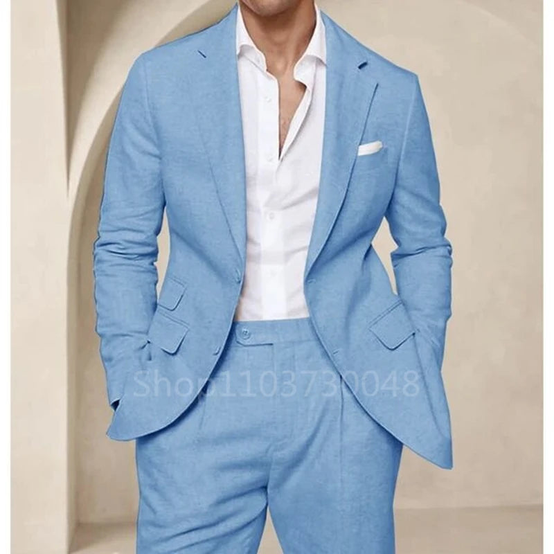 High Quality 2 Piece Blue/Beige Linen Men Suit Smart Casual Single Breasted Slim Fit Notch Lapel Blazer with Pants Costume Homme