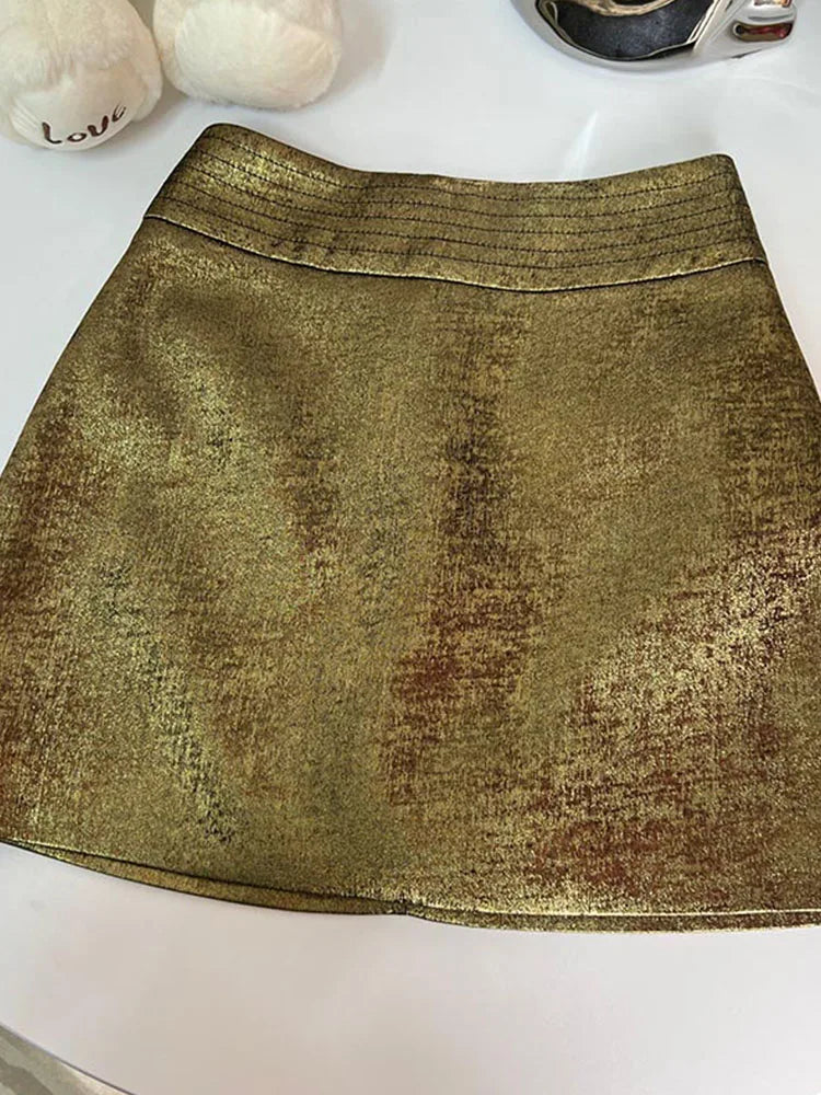 Mode Luxus Golden Minirock Frauen Kleidung High Street Sexy A-Line-Röcke Büro Dame Bottoms Streetwear Vintage Neues Design neu