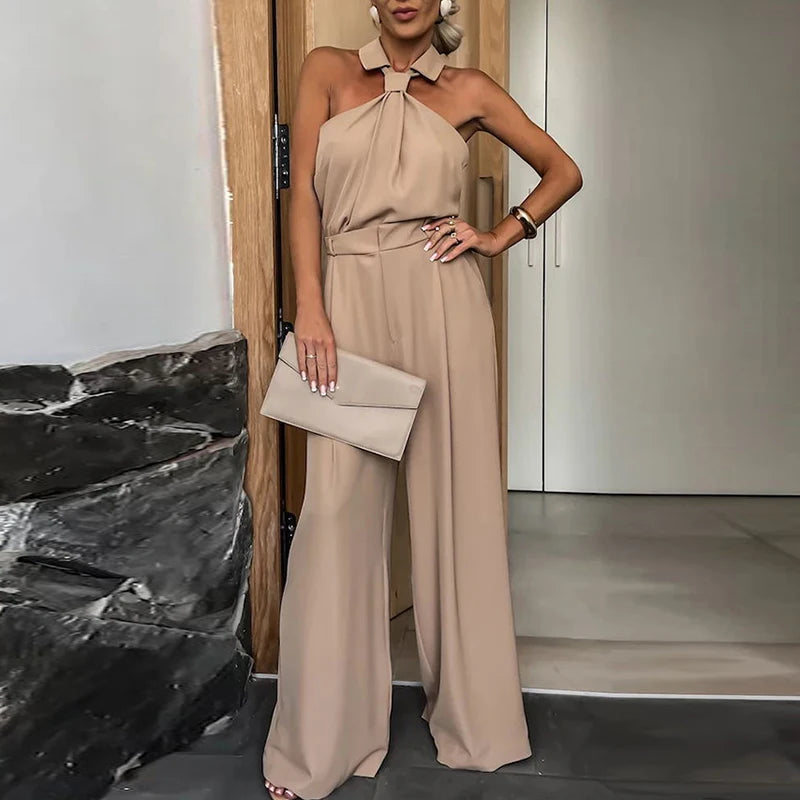 Elegant Solid Color Sleeveless Pocket Jumpsuit New Lapel High Waist Commute Romper Summer Off Shoulder Temperament Slim Playsuit