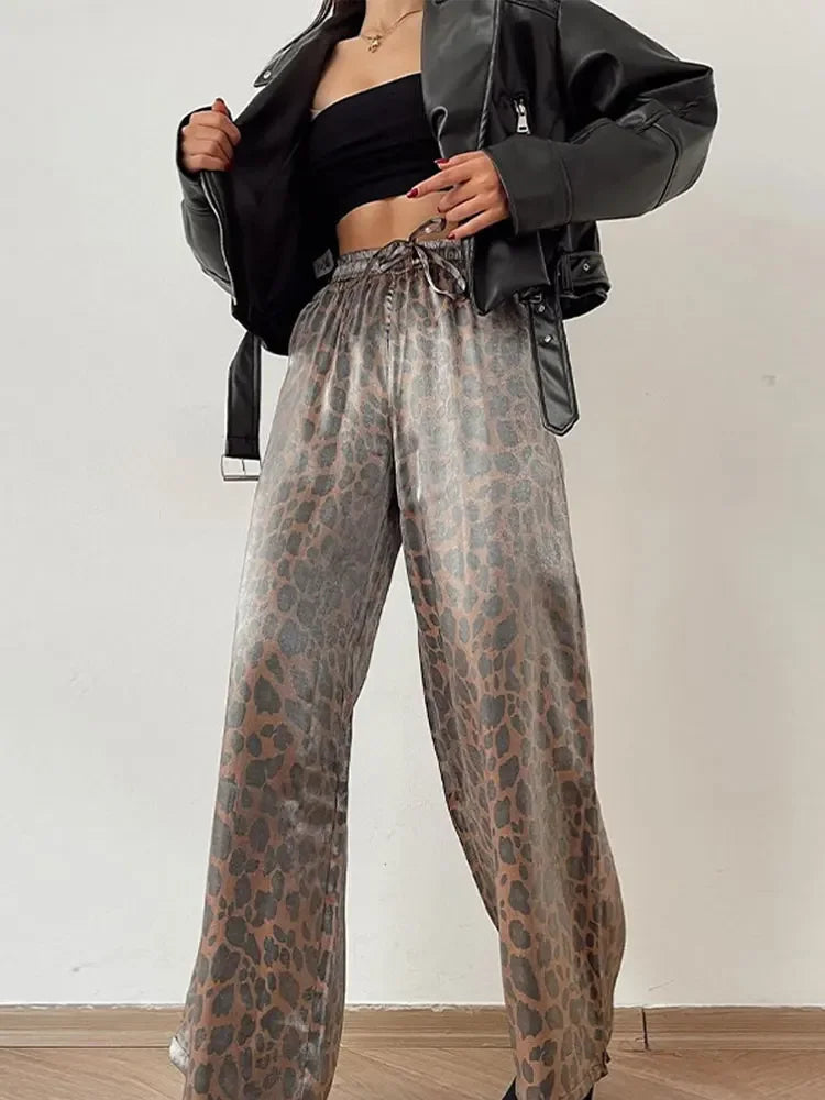 2024 Fashion Leopard Print Wide Leg Pants Women Chic Glitter High Waist Elastic Lace Up Loose Long Pants Casual High Street Wear