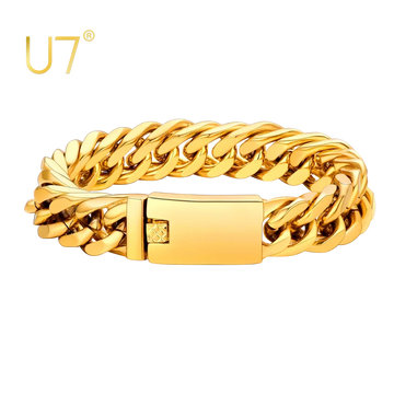 U7 Stainless Steel 16mm Wide Thick Chunky Cuban Curb Link Chain Bracelet for Man Laser Engraving Text Bar Clasp Closure Bracelet