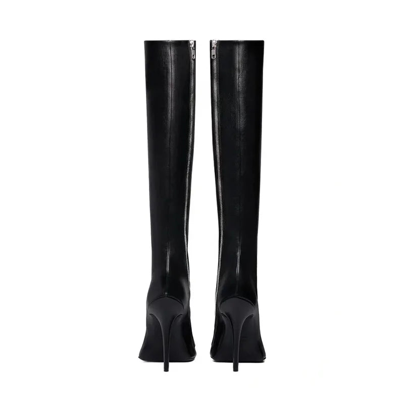 Arden Furtado European style boots for women knee high Pointed toe Thin heels Side zipper skinny calf knee high boots black