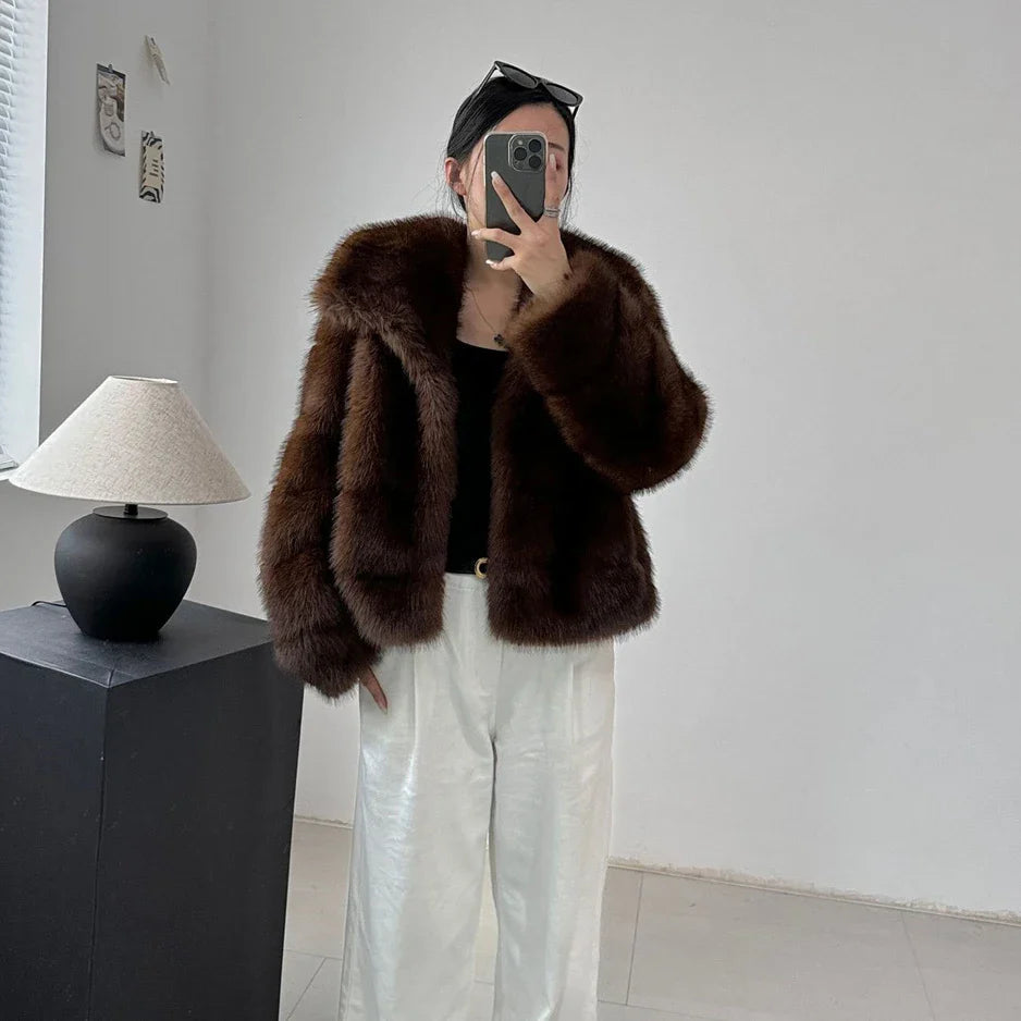 Brown Women Faux Sable Fur Jacket Oversized Lapel Long Sleeve Warm Fluffy Coats 2024 Winter Female Loose Streetwear Outwears