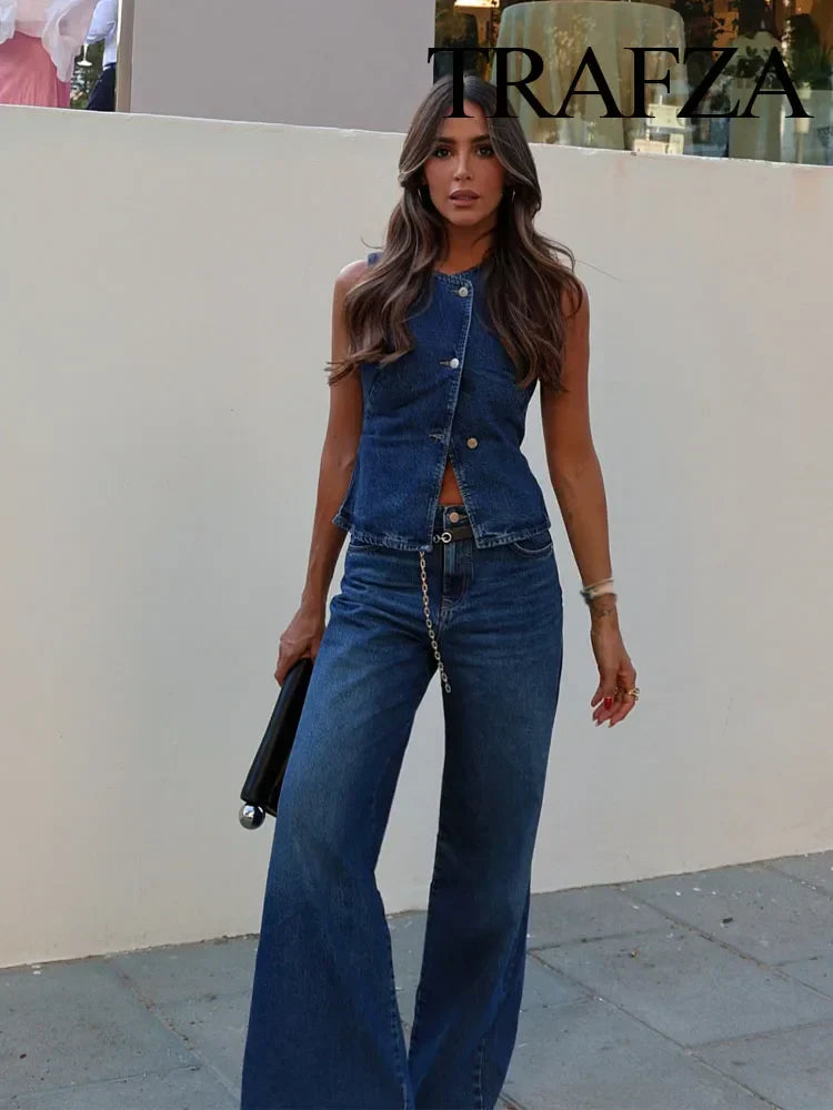 TRAFZA 2024 Summer Denim Trousers Set For Women Sleeveless Cropped Vest Top + Wild Basic Women's Wide Leg Long Pant Trendy