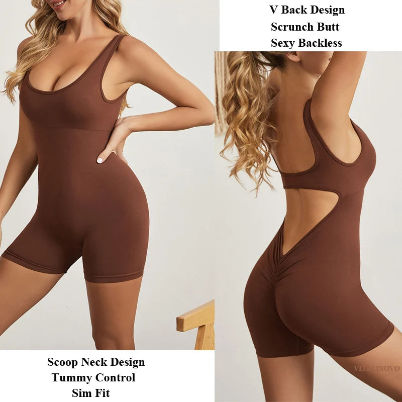 Jumpsuos de entrenamiento sin respaldo Vitalinovo para mujeres Control de la barriga de la barriga Jumpsuits sin costura V Back Scrunch Yoga Rompers