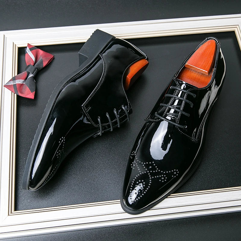 Men Mirror Face Oxfords Shoes Luxury Design Formal Shoes Green Patent Leather Pointed Shoes Lace-Up Business Dress High Quality