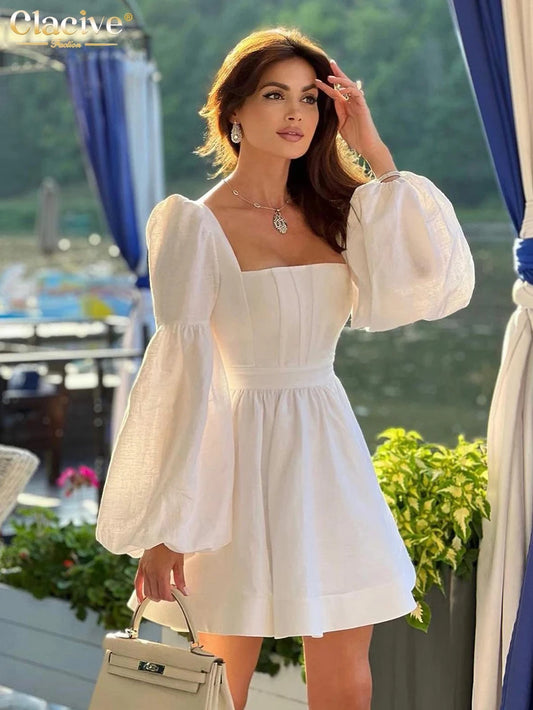 Clacive Sexy Slim White Cotton Dress Lady Fashion Sqaure Collar Puff Sleeve Mini Dress Elegant High Waist Dresses For Women 2024