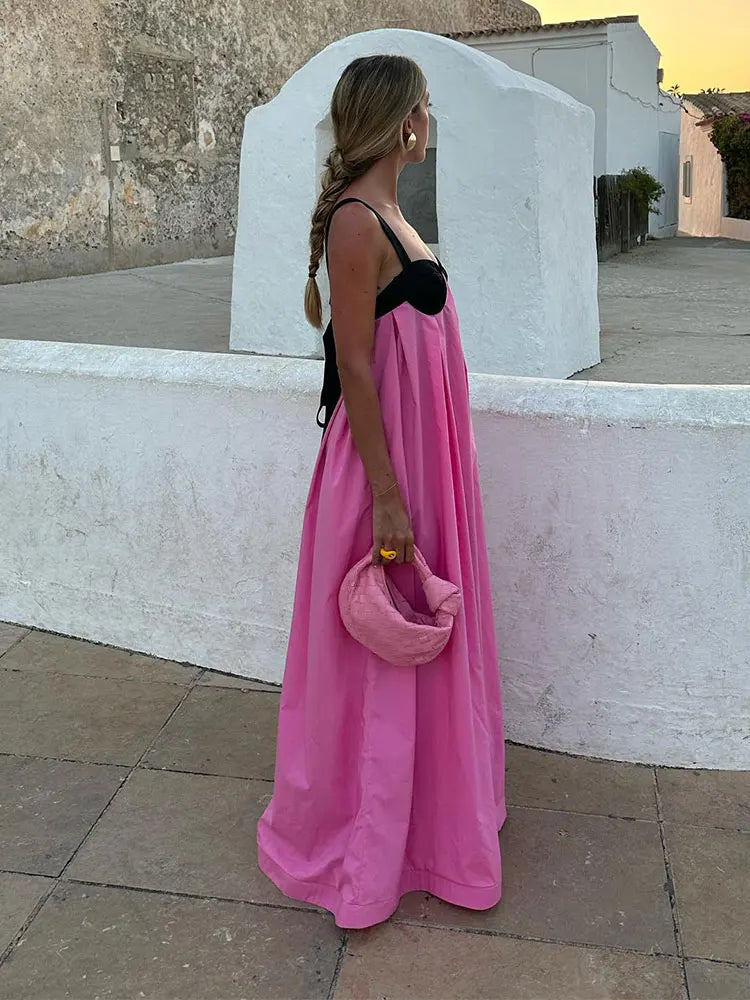 Women Fashion Color Matching Halter Maxi Dress Ladies Sexy Backless Off Shoulder Sleeveless Dresses Female party Holiday Robes