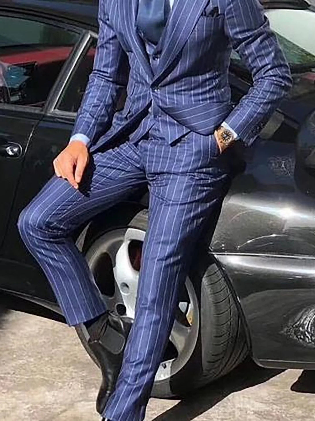 ANNIEBRITNEY Slim Fit Stripe Suits for Men Navy Blue Peaked Lapel Business Man Suit Traje De Hombre Terno Casamento Men Suits