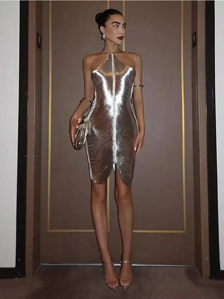 Sexy Fashion Metallic Halter Mini Dress For Women Female Sleeveless Backless Sliming Vestidos Lady Party Club Evening Gown Robe