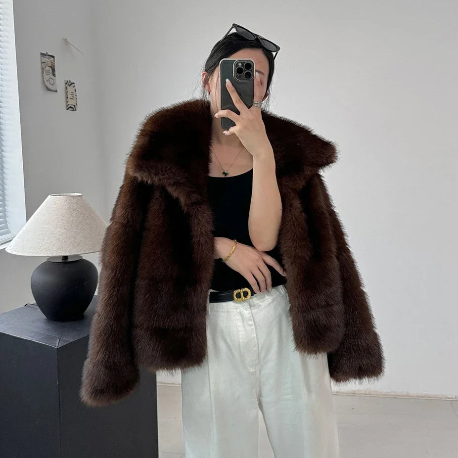 Brown Women Faux Sable Fur Jacket Oversized Lapel Long Sleeve Warm Fluffy Coats 2024 Winter Female Loose Streetwear Outwears