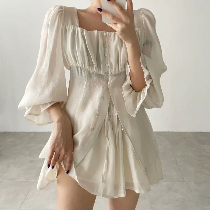 Fashion Summer Outfits for Women 2023 New Long Sleeves Blouse + Thin Shorts Sets Fairy Girls Pure Color Ladies Two Piece Set