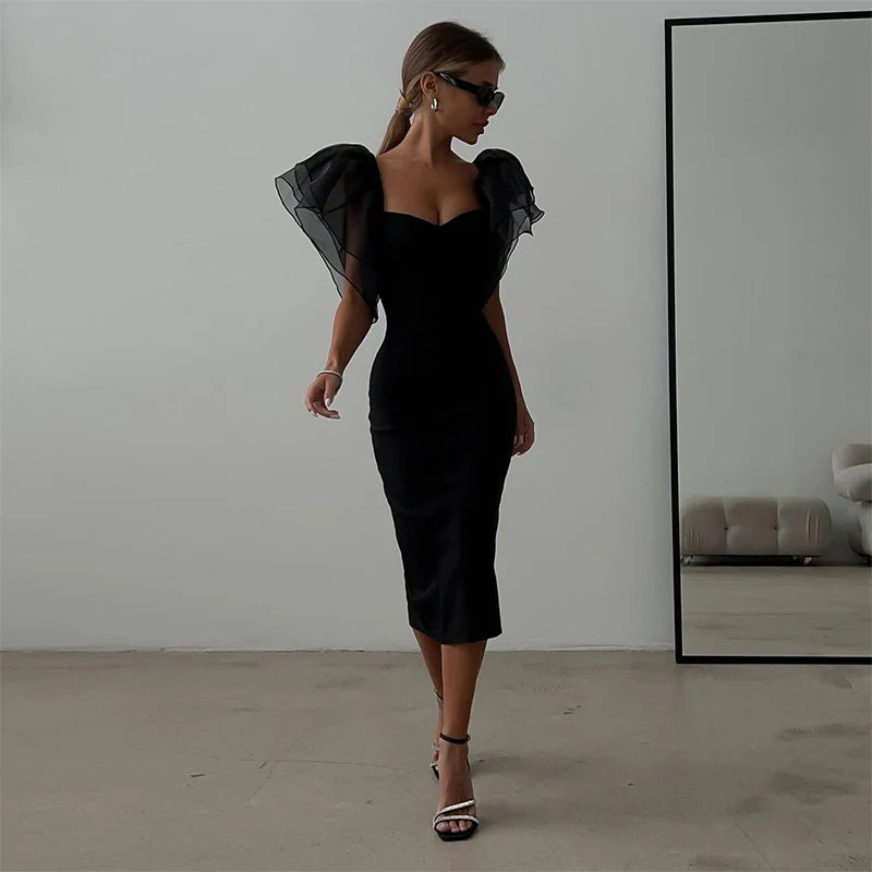 Mesh Butterfly Sleeve Shath Bodycon Kleid Frauen Square Hals Midi Robe Femme Solid Black Vestidos Mujer Sexy Dame Party Kleider