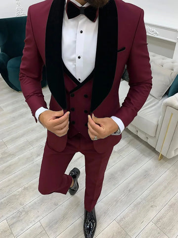 Burgundy Wedding Men Suits Slim Fit Double Breasted Solid Shawl Lapel Suit for Man Trajes De Hombre Costume Made Boys Suit