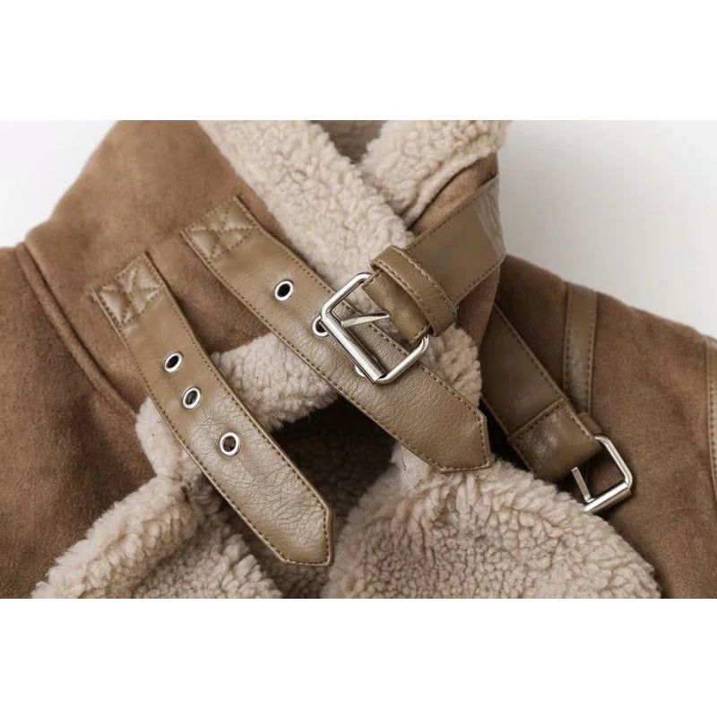 Women Winter Faux Shearling Sheepskin Fake Leather Jackets Lady Thick Warm Suede Lambs Short Motorcycle Brown Coats Leather