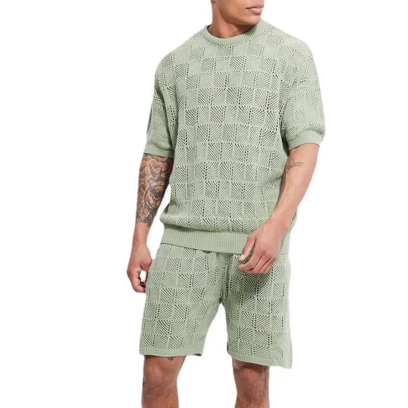 Summer Men's Solid Casual Tide Loose Knit Short Sleeve Shorts Fashion Suit 2024 High Street Casual Men's Summer Suit S-3XL